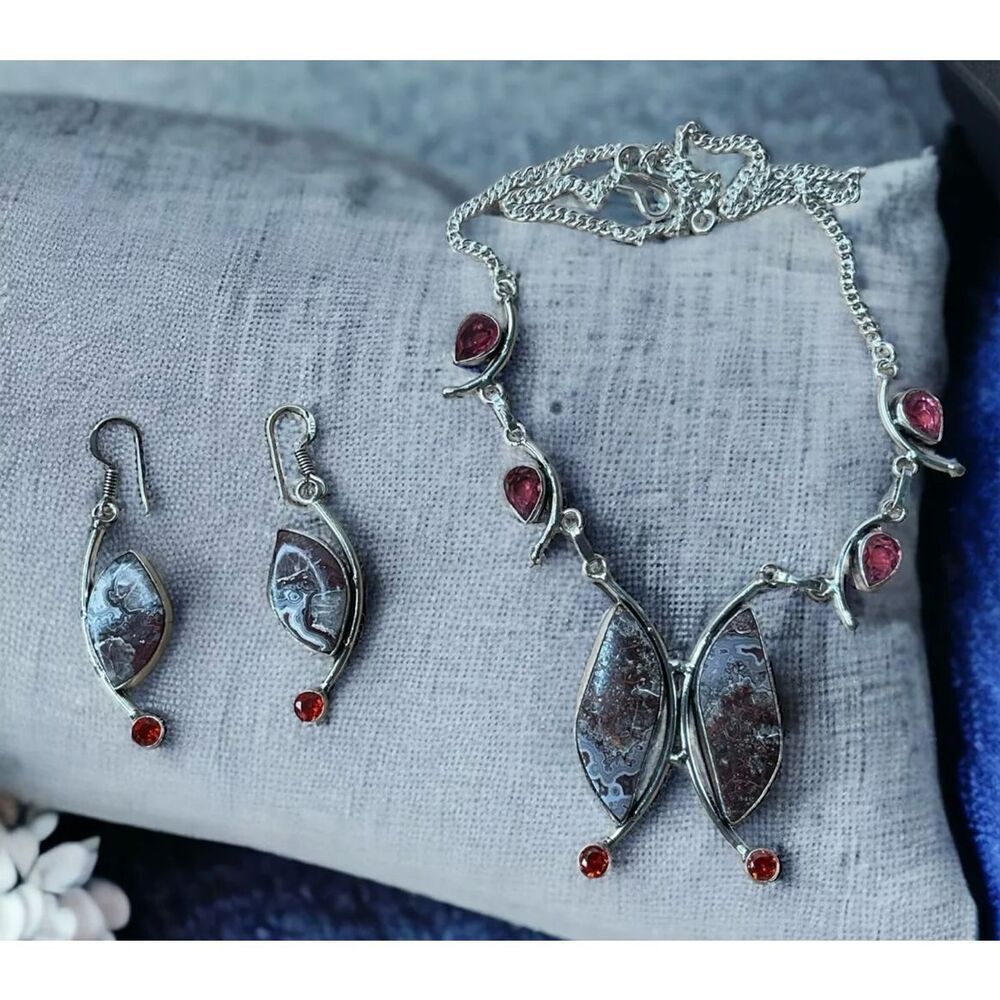 Vintage Jewelry Set Womens Silver Agate Pink Topaz Handmade Necklace+Earrings‎